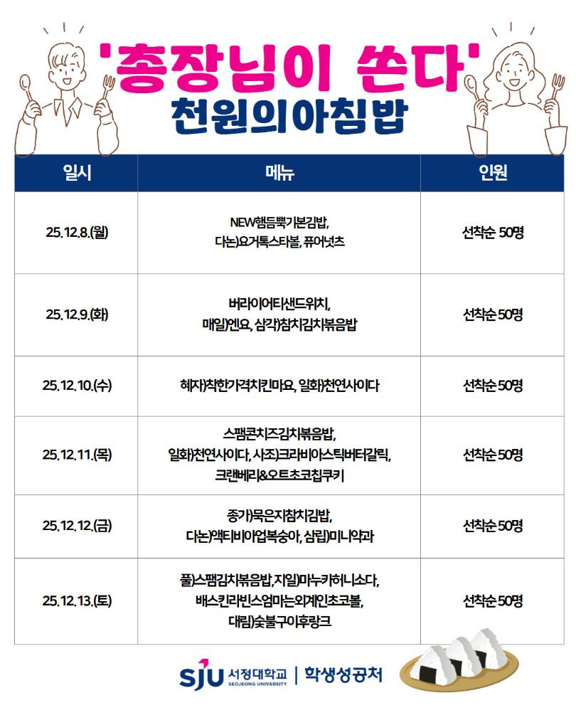 월)NEW햄듬뿍기본김밥,다논)요거톡스타볼,퓨어넛츠 화)버라이어티샌드위치,매일)엔요,삼각)참치김치볶음밥 수)혜자)착한가격치킨마요,일화)천연사이다 목)스팸콘치즈김치볶음밥,일화)천연사이다,사조)크라비아스틱버터갈릭,크랜베리&오트초코칩쿠키 금)종가)묵은지참치김밥,다논)액티비아업복숭아2,삼립)미니약과 토) 풀)新스팸김치볶음밥,지일)마누카허니소다,배스킨라빈스엄마는외계인초코볼,대림)숯불구이후랑크