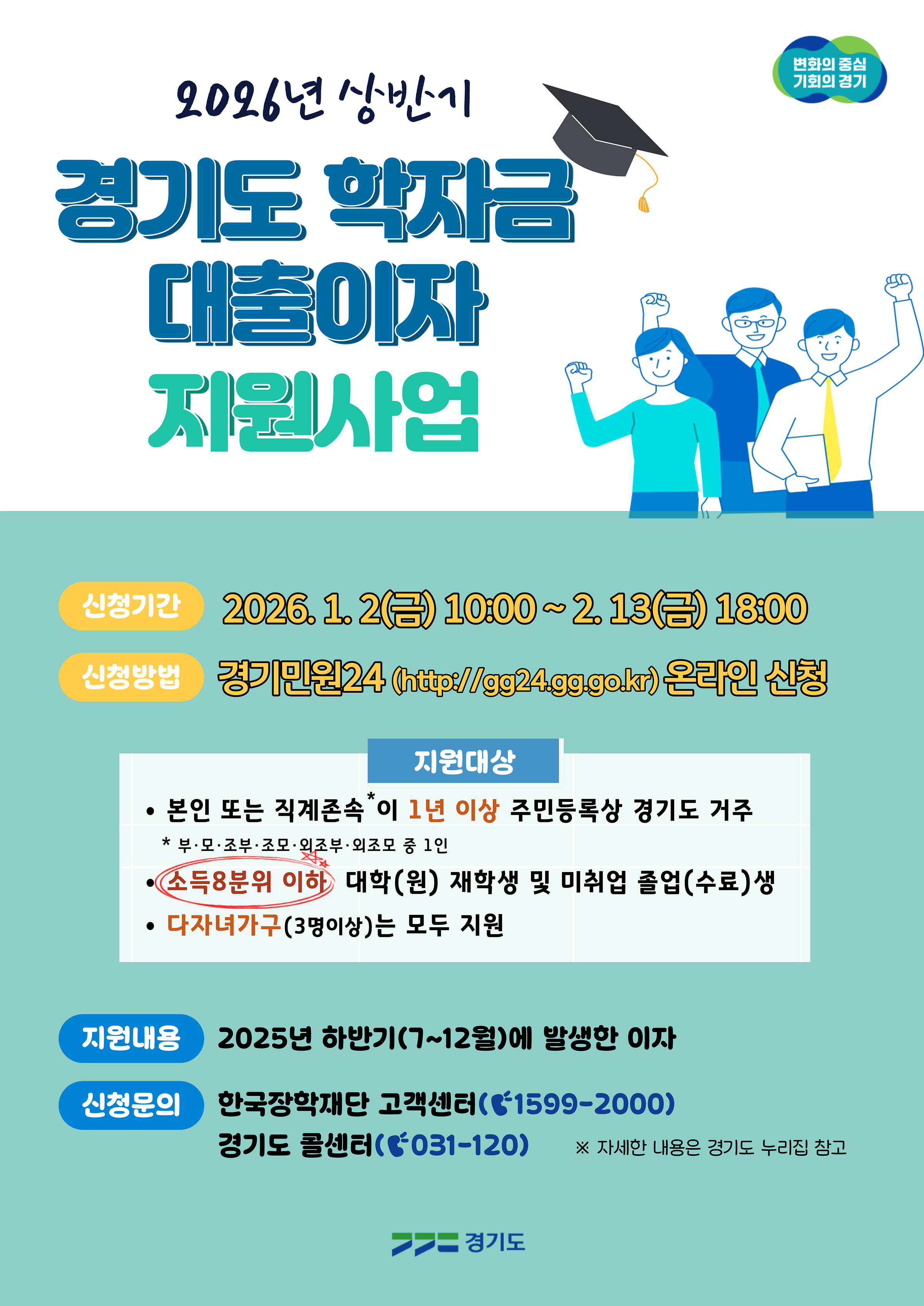 <2026년 상반기 경기도 대학생 학자금 대출이자 지원 사업 신청 안내>    □ 지원대상 : 다음 조건을 모두 충족한 대학(원) 재학생 및 미취업 졸업생  ○ 본인 또는 직계존속이 공고일 기준 1년이상(2025.01.02. 이전 ~ 2026.01.02.) 주민등록상 경기도 거주   ※ 부, 모, 조부, 조모,외조부, 외조모 중 1인  ○ 소득 8분위(중위소득 200%) 이하 또는 다자녀가구(3명이상)  ○ 미취업 졸업생의 경우 공고일 기준 대학 졸업(수료) 후 10년(졸업(수료)일 2016.01.02. 이후), 대학원 졸업(수료) 후 4년(졸업(수료)일 2022.01.02.이후) 이내   ※「학점인정 등에 관한 법률」 제3조제1항에 따라 교육부장관이 평가인정한 학습과정을 설치ㆍ운영하는 교육훈련기관 학습자(학점은행제 학습자)는 해당되지 않음    □ 지원내용  ○ 한국장학재단에서 '09년 2학기 ~ '25년 2학기 까지 대출받은 학자금(등록금, 생활비)의 2025년 하반기(7월~12월)동안 발생한 이자 지원    □ 지원방법  ○ 한국장학재단 대출계좌로 상환  ○ 타 기관 및 지자체 학자금 대출이자 지원사업과 중복지원 불가  ○ 지원금 입금(원리금 잔액 차감) 전에 전액 상환 시 이자 미지원    □ 신청기간 : 2026.01.02.(금) 10:00 ~ 2026.02.13.(금) 18:00    □ 신청방법 : 경기민원24(https://gg24.gg.go.kr/)에서 온라인, 모바일 신청    □ 제출서류 : 상단에 첨부된 2026년 상반기 경기도 대학생 학자금 대출이자 지원 공고문 참고    □ 문의방법 : 경기도 120콜센터(031-120)